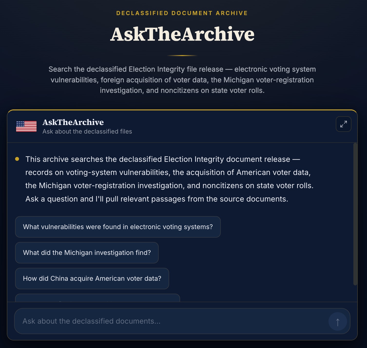 The AskTheArchive chat app: its title, a short description of the document set, and starter questions above a chat box, on a dark blue backdrop.